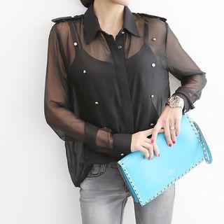 Epaulet Hidden-button Sheer Shirt