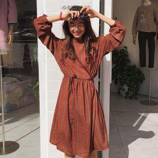 Check Long-sleeve Loose-fit Chiffon Dress