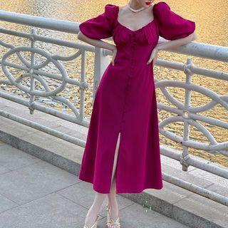 Puff-sleeve Front-slit Midi A-line Dress