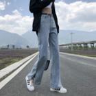 High Waist Slit-hem Straight Leg Jeans (various Designs)