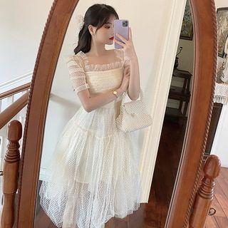 Square-neck Short-sleeve Mesh Dress