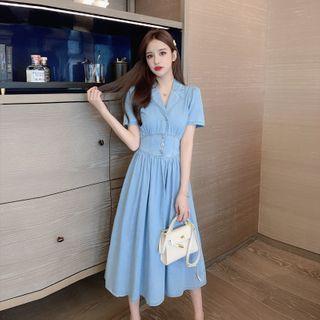 Collared Short-sleeve Denim Midi A-line Dress