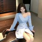 Long-sleeve Cold Shoulder Mini Dress Blue - One Size