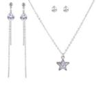 Set: Rhinestone Star Pendant Necklace + Rhinestone Tassel Drop Earrings + Rhinestone Stud Earrings Silver - One Size
