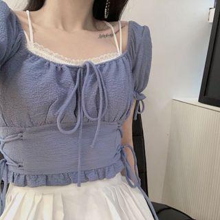 Square-neck Lace-up Strap Puff Short-sleeve Chiffon Top