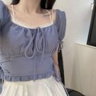 Square-neck Lace-up Strap Puff Short-sleeve Chiffon Top