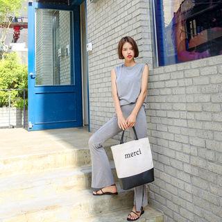 Set: Sleeveless Top + Slit-hem Boot-cut Pants