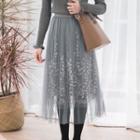 Embroidered Mesh A-line Skirt Grayish Blue - One Size