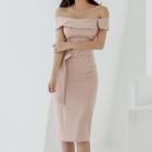 Off-shoulder Belted Midi Bodycon Dress