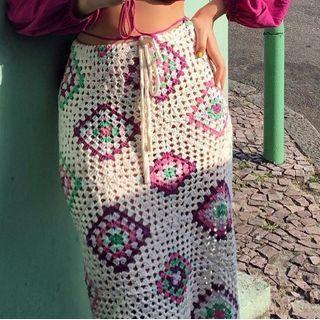 High-waist Crochet Floral Print Knit Midi Skirt White - One Size