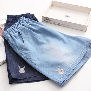 Rabbit Embroidered Wide Leg Denim Shorts