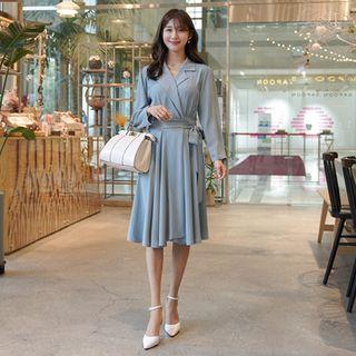Notch-lapel Surplice-wrap Flared Dress