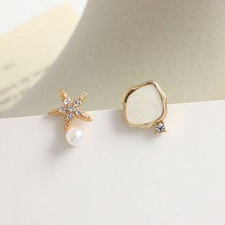 Starfish Faux Pearl Rhinestone Asymmetrical Earring