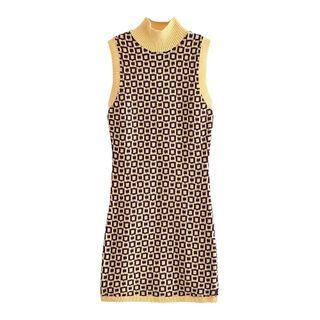 Sleeveless Mock-neck Patterned Knit Sheath Dress