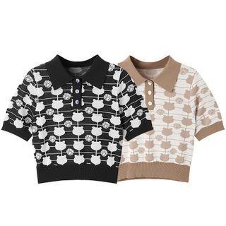 Short-sleeve Polo-neck Print Knit Top