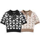 Short-sleeve Polo-neck Print Knit Top