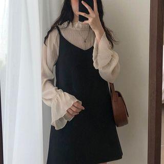 Frill Trim Blouse / Spaghetti-strap Mini Dress As Shown In Figure - One Size