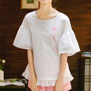 Elbow-sleeve Printed Frill-trim Top