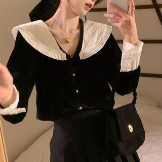 Two Tone Velvet Blouse Black - One Size