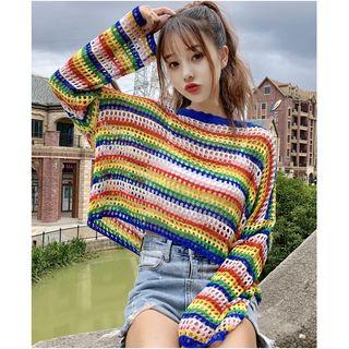 Set: Plain Camisole Top + Striped Long-sleeve Knit Top / Crew-neck Tank Top