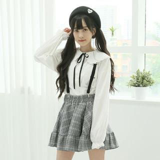 Scallop-collar Blouse & Ribbon White - One Size
