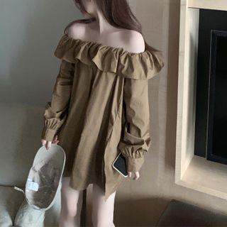 Boatneck Ruffled-trim Loose Top Coffee - One Size