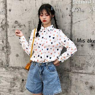 Long-sleeve Heart Patterned Chiffon Shirt
