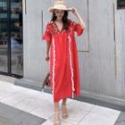 Embroidered Tassel Trim Short-sleeve Midi Shift Dress