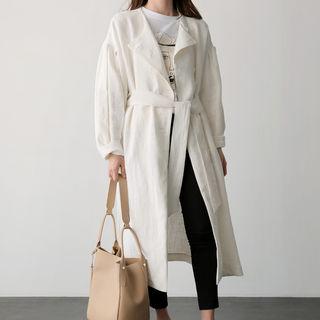 Round-neck Puff-sleeve Trench Coat With Sash