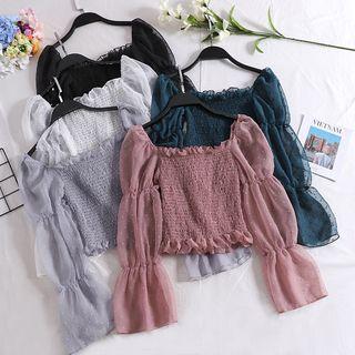 Long-sleeve Frill-trim Smocked Top