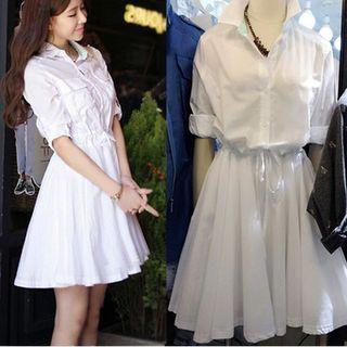 Collared Drawstring 3/4-sleeve A-line Dress