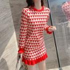 Heart Print Frill Trim Mini Sweater Dress