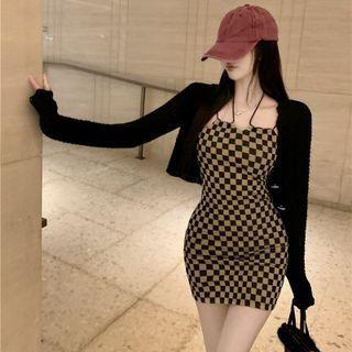 Spaghetti-strap Check Mini Sheath Dress / Cardigan