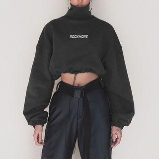 High-neck Lettering Drawstring Crop Sweatshirt