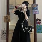 Short-sleeve Contrast Collar Midi A-line Dress Black - One Size