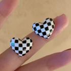 Heart Stud Earring 1 Pair - S925 Silver Needle - Black & White - One Size