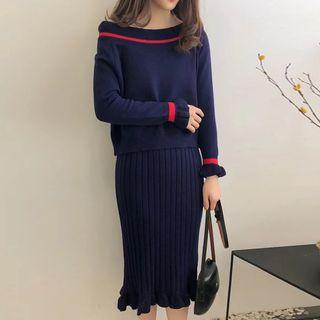 Set: Off-shoulder Sweater + Knitted Spaghetti Strap Dress