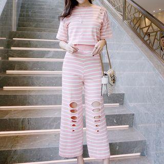 Set: Ripped Striped Short-sleeve T-shirt + Wide Leg Pants