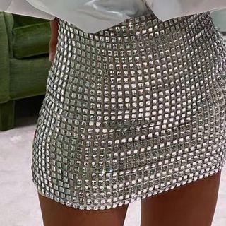 High-waist Rhinestone Mini Pencil Skirt