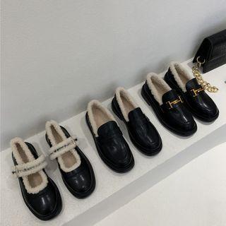 Faux Leather Fleece-lined Platform Loafers / Mary Jane Shoes