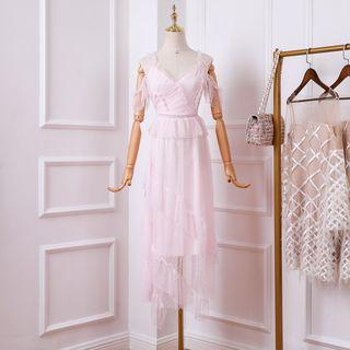 Short-sleeve Cold Shoulder Polka Dot A-line Midi Dress