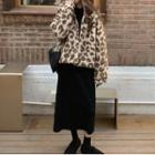 Leopard Print Faux Shearling Zip Jacket Khaki - One Size
