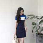 Short-sleeve Color Block Mini Bodycon Dress As Shown In Figure - One Size