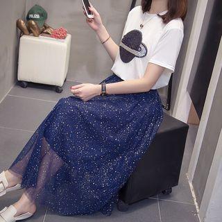 Sequined Short-sleeve T-shirt / Mesh Midi A-line Skirt / Set