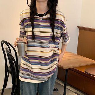 Elbow-sleeve Striped T-shirt Purple & Blue Stripes - White - One Size