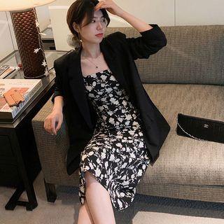 Set: Plain Blazer + Spaghetti-strap Floral Midi A-line Dress