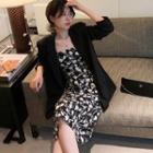 Set: Plain Blazer + Spaghetti-strap Floral Midi A-line Dress