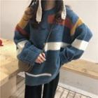 Round-neck Color Block Striped Sweater Blue - One Size