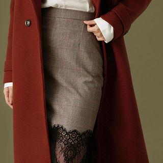 Laced Glen-plaid Wool Blend Pencil Skirt