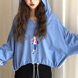 Printed Lace-up Long-sleeve Hoodie
